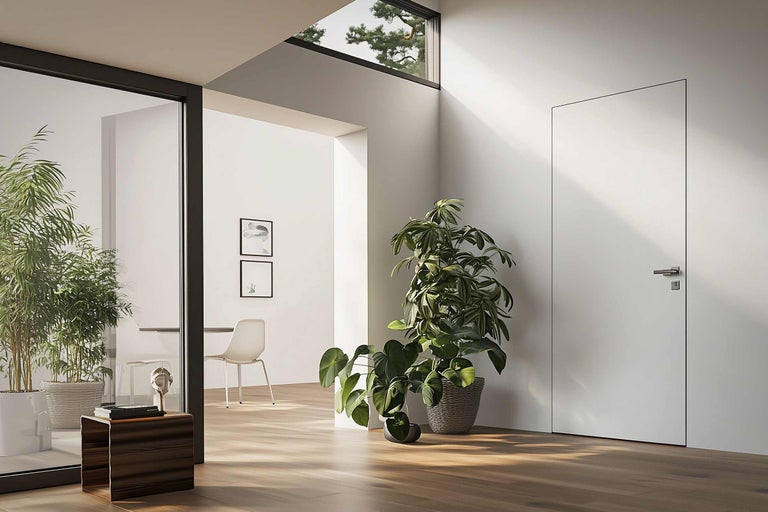 Heller Raum mit Tür, Zimmerpflanzen und Holzboden