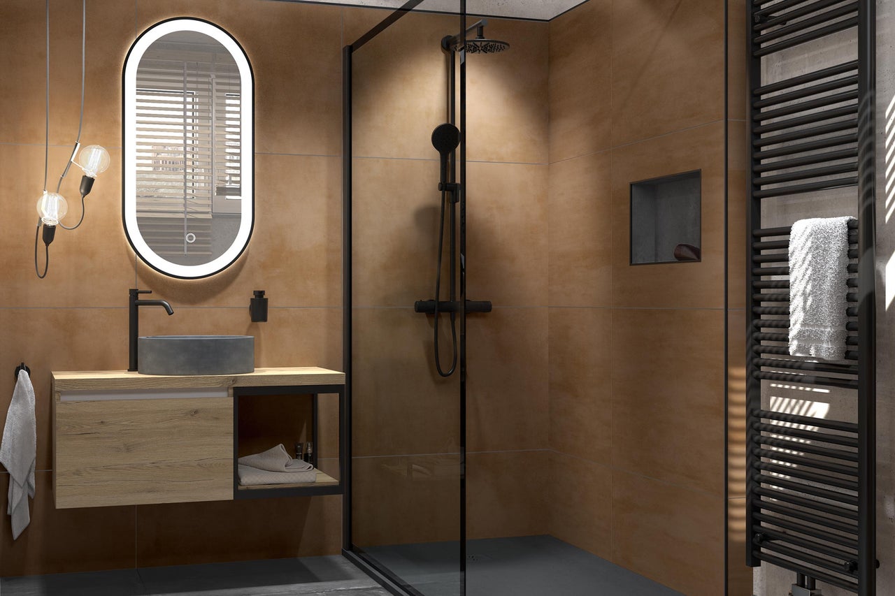 Modernes Badezimmer mit Holzwaschtisch, grauem Aufsatzbecken, schwarzer Armatur, ovalem LED-Spiegel, ebenerdiger Dusche und schwarzem Badheizkörper.