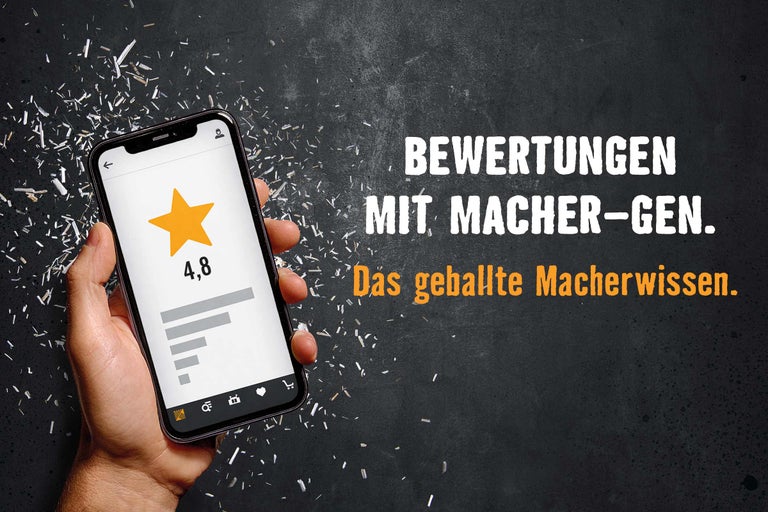 Smartphone mit Artikelbewertung in der HORNBACH App, daneben der Text „Bewertungen mit Macher-Gen. Das geballte Macherwissen.“