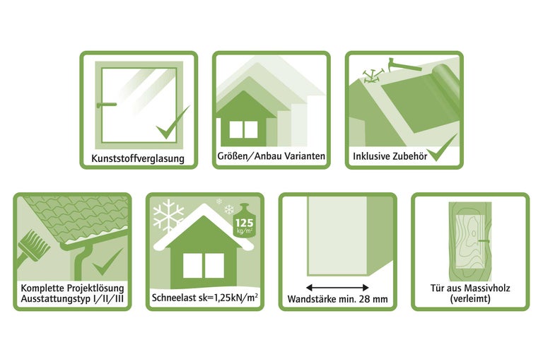 Eigenschaften: Kunststoffverglasung, verschiedene Größen und Anbauvarianten, inklusive Zubehör, komplette Projektlösung Ausstattungstyp I/II/III, Schneelast 1,25 Kilonewton pro Quadratmeter, 125 Kilogramm pro Quadratmeter, Wandstärke mindestens 28 Millimeter, Tür aus Massivholz verleimt