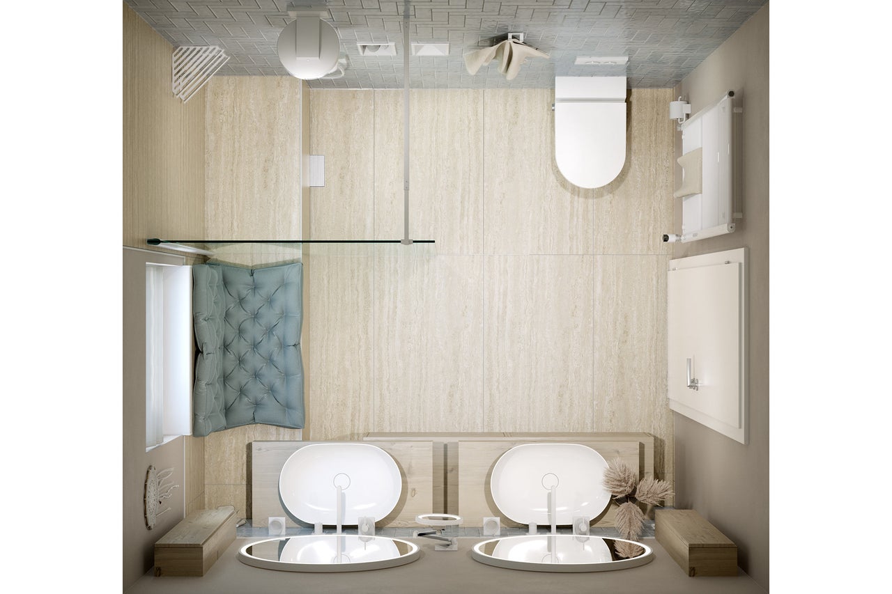 Badezimmer mit Dusche, Toilette und Doppelwaschtisch in der Vogelperspektive