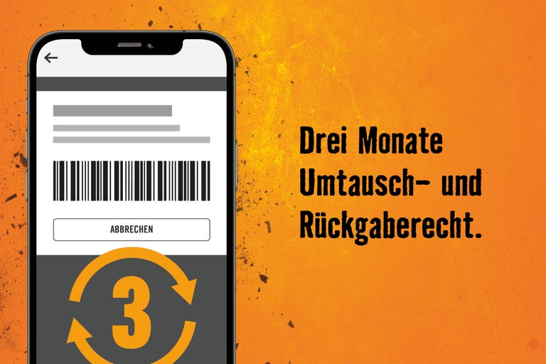 Smartphone mit Barcode und Umtausch-Logo, daneben der Text „Drei Monate Umtausch- und Rückgaberecht.“