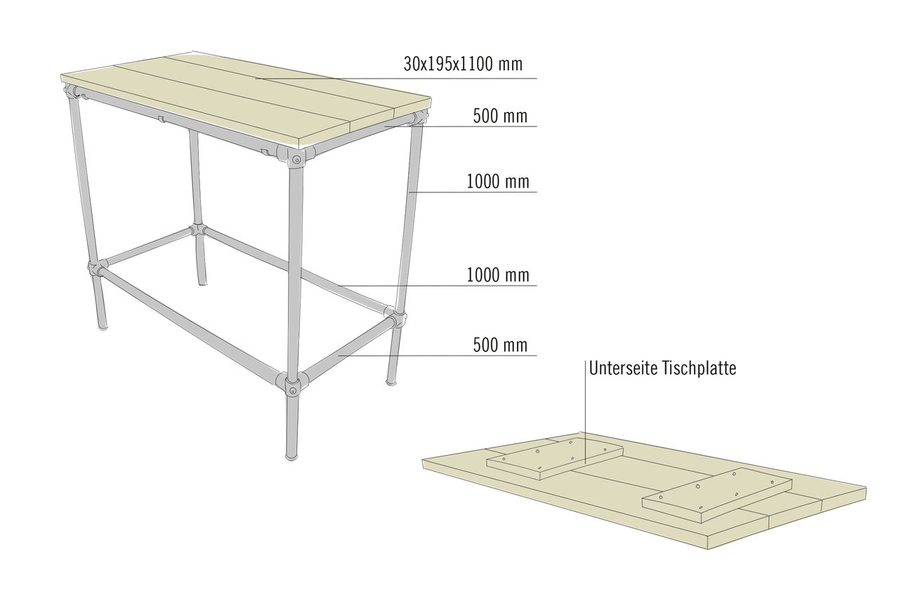 Illustration eines Tisches mit Holzplatte und Metallgestell mit Maßangaben