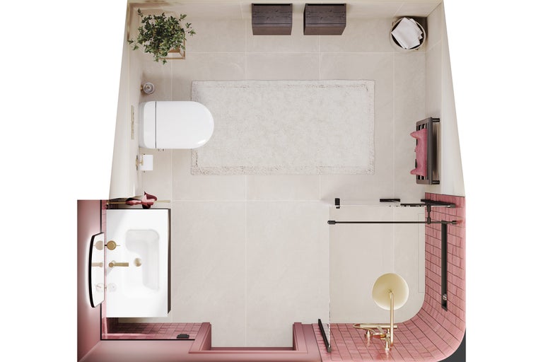 Draufsicht eines modernen Badezimmers mit Dusche, WC und Waschtisch, hellen Bodenfliesen, rosa Wandfliesen und goldenen Armaturen.