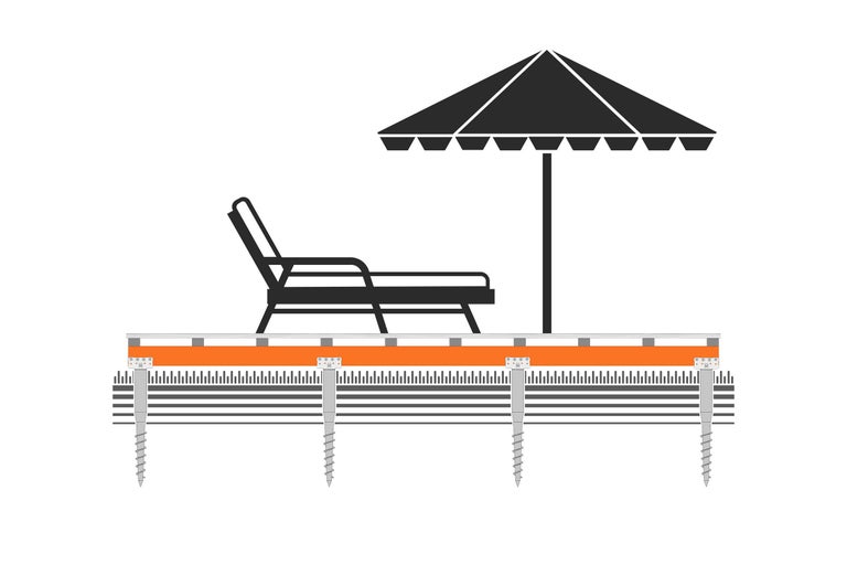 Illustration einer Terrasse mit Schrauben, Liegestuhl und Sonnenschirm