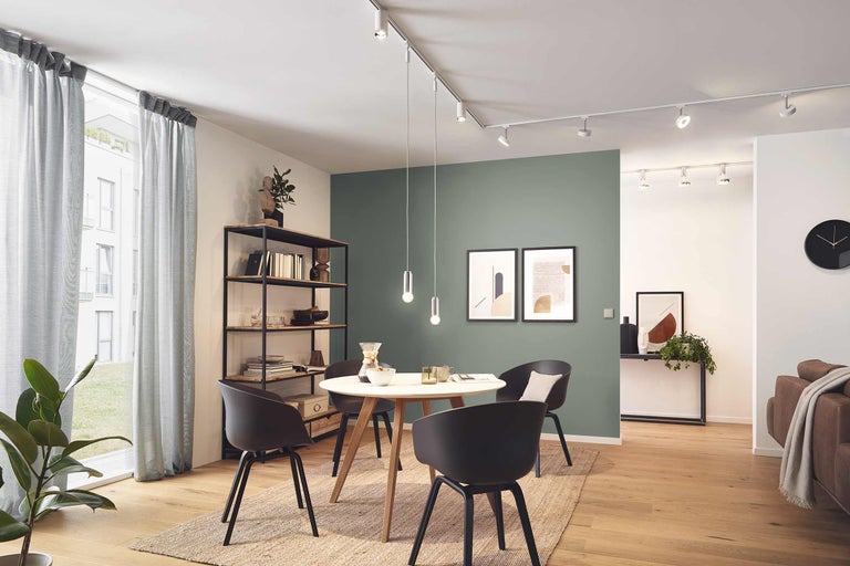 Heller Wohnraum mit Esstisch, Stühlen, Regalen, Bildern und Beleuchtungssystem