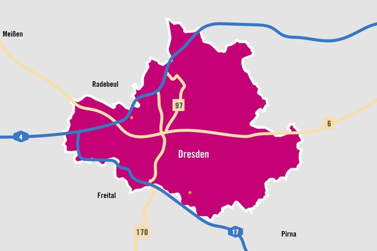 Karte von Dresden mit den umliegenden Städten und Autobahnen