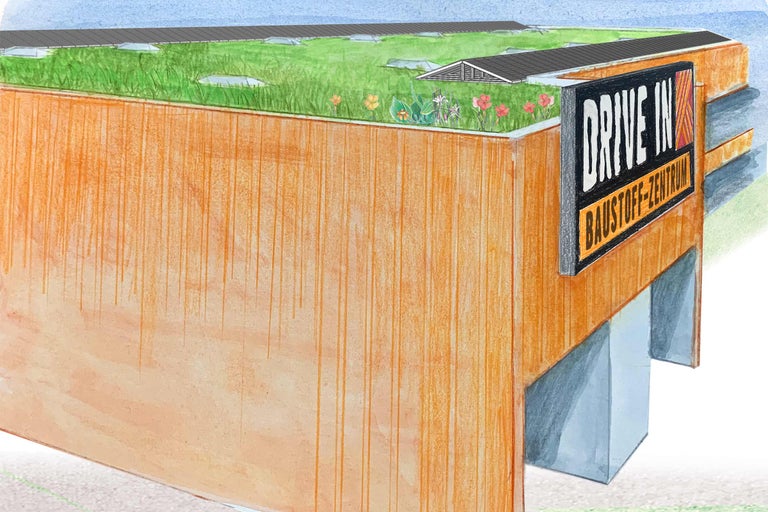 Illustration eines Drive-In Baustoffzentrums mit Gründach und Solaranlage.