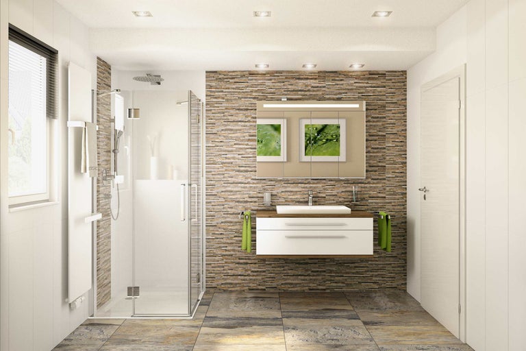Helles Badezimmer mit Dusche, Waschbeckenunterschrank, Spiegel und Steinwand