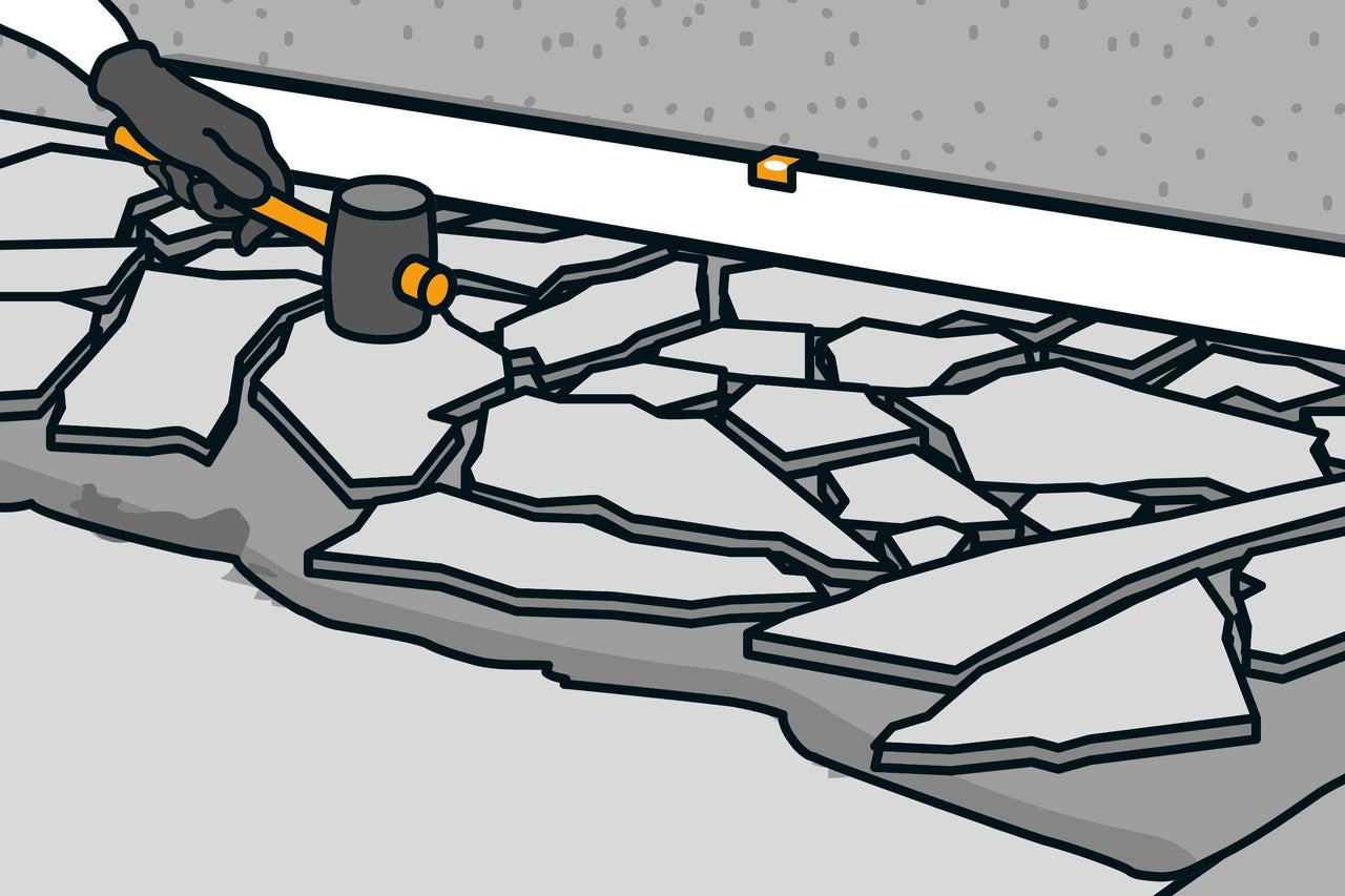 Illustration zeigt eine Person mit Hammer beim Pflaster entfernen.