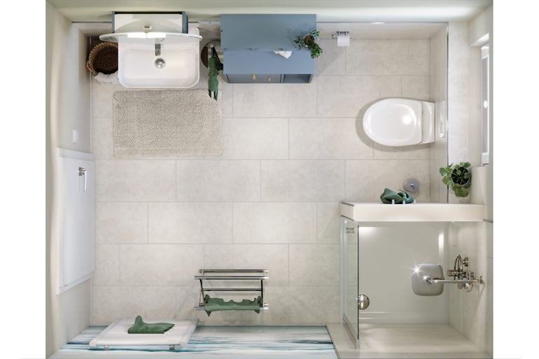 Badezimmer mit Waschbecken, Toilette, Dusche und Badheizkörper in heller und freundlicher Atmosphäre.