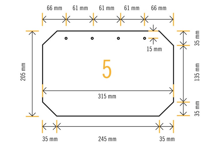 Abmessungen der Hausnummer 5 mit einer Höhe von 205 Millimeter und einer Breite von 315 Millimeter