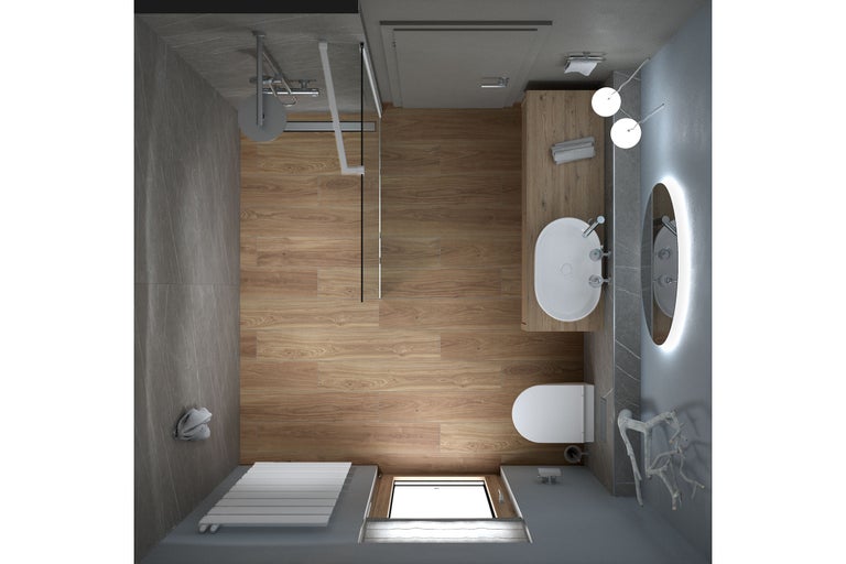 Draufsicht eines modernen Badezimmers mit bodengleicher Dusche, Waschtisch aus Holz, ovalem Waschbecken, beleuchtetem Spiegel und Boden in Holzoptik.