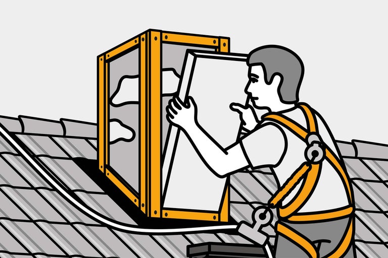 Illustration eines Dachdeckers mit Sicherheitsgurt beim Einbau eines Dachfensters