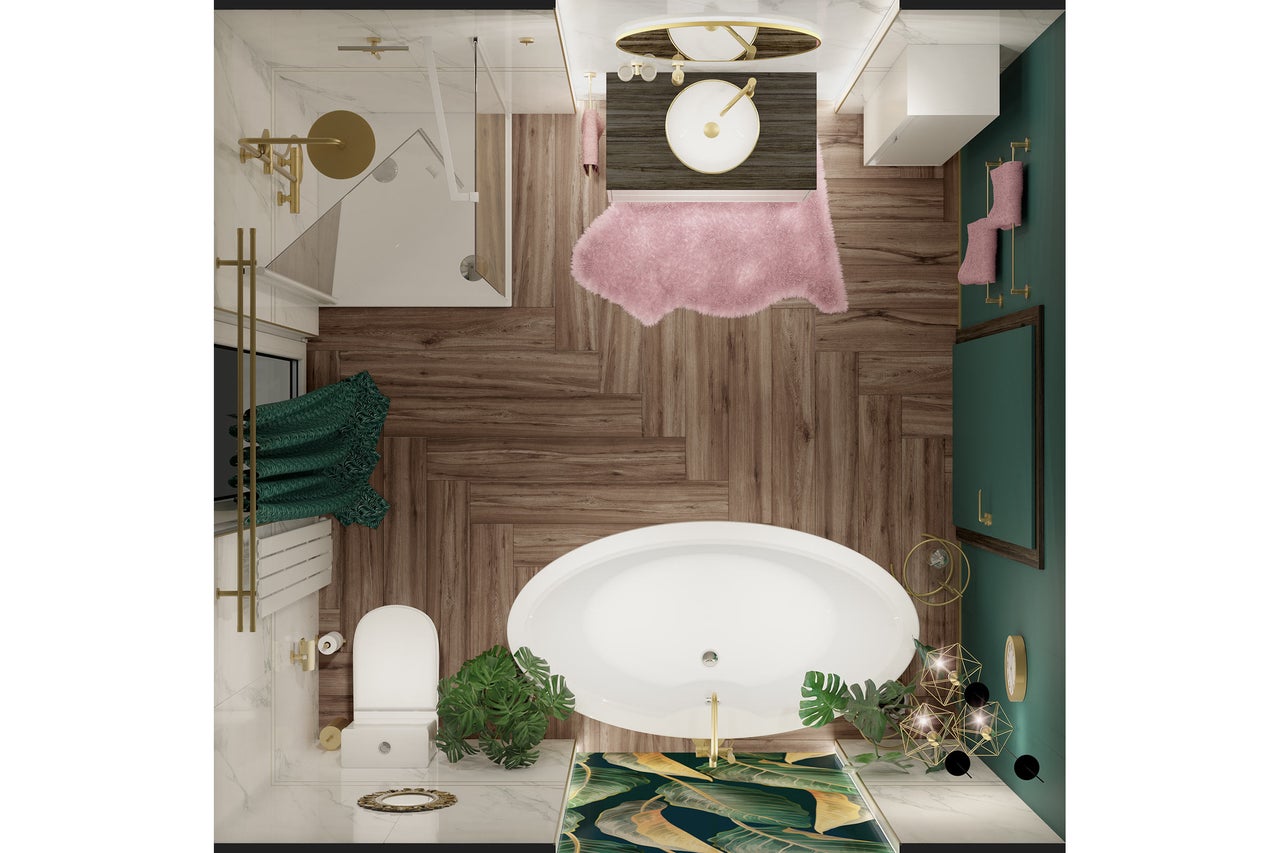 Draufsicht auf ein modernes Bad mit freistehender Wanne, Dusche, Holzeffekt-Fliesen in Fischgrätoptik, goldenen Armaturen und grünen Wänden.