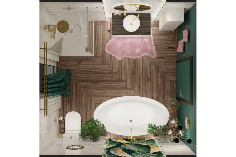 Draufsicht auf ein modernes Bad mit freistehender Wanne, Dusche, Holzeffekt-Fliesen in Fischgrätoptik, goldenen Armaturen und grünen Wänden.