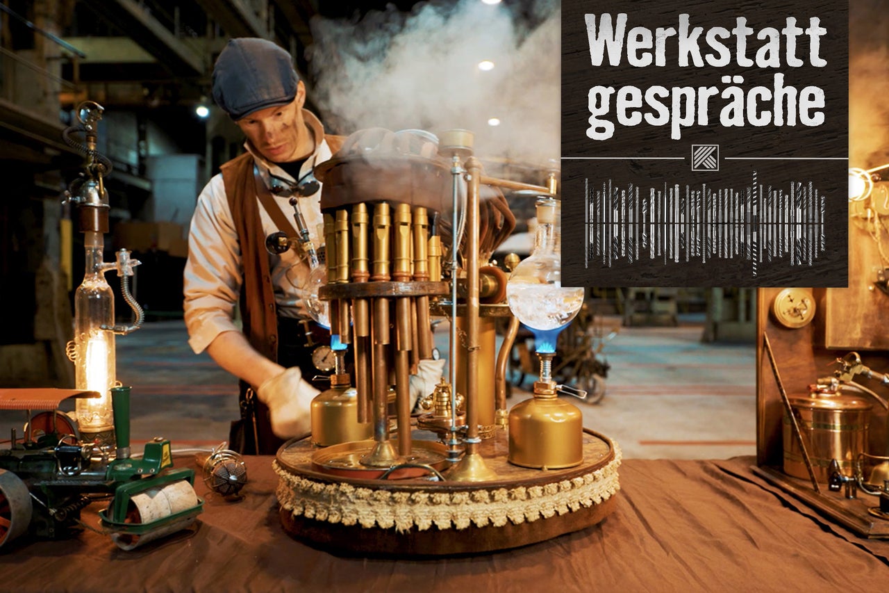 Werkstattgespräche Titelbild mit Mann, Werkzeugen und Dampfmaschine im Steampunk Design