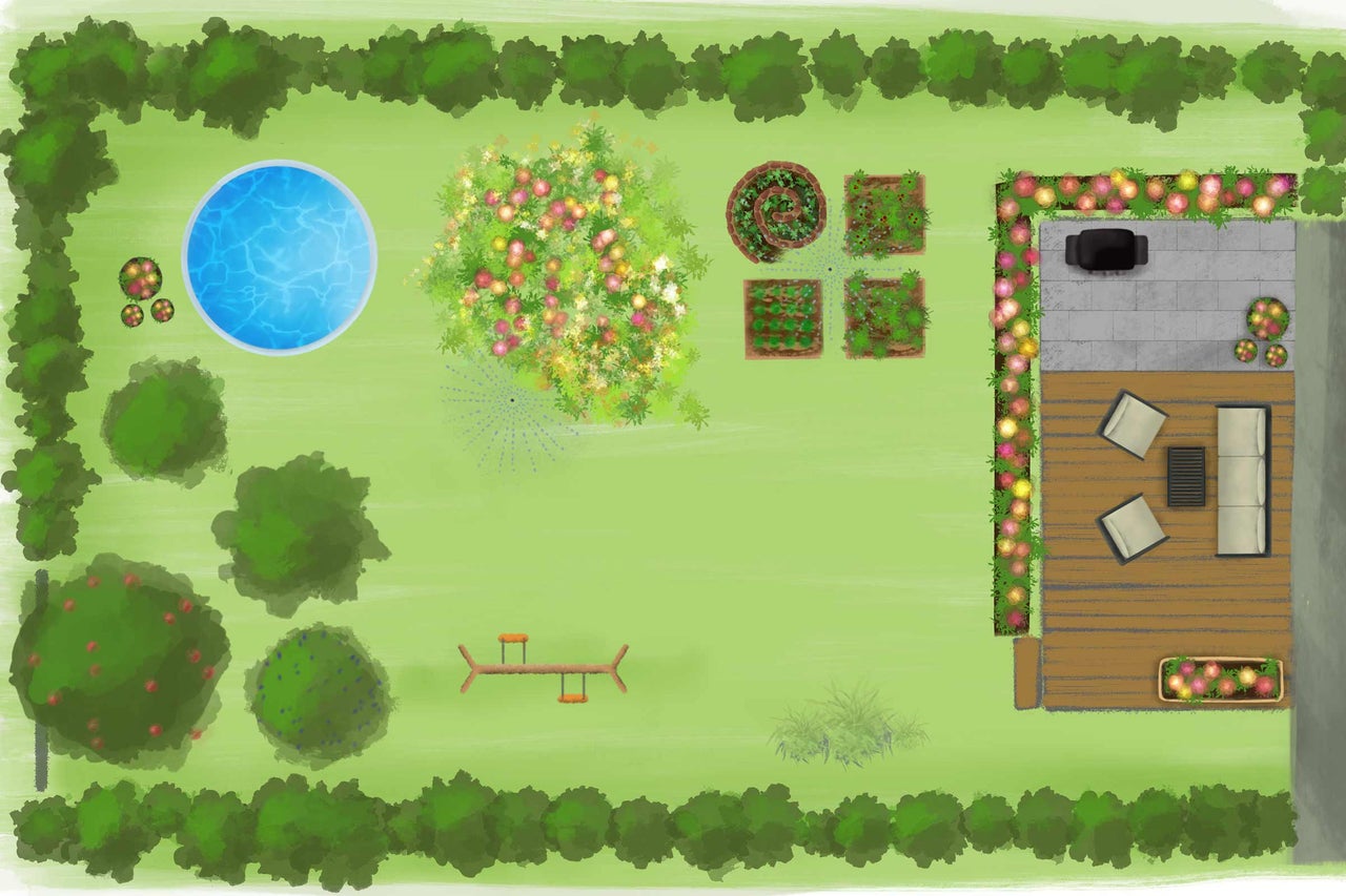 Illustration eines Gartens mit Pool, Terrasse, Hochbeet und Schaukel (Draufsicht)
