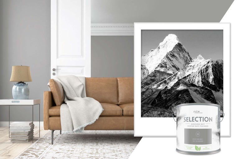 Wohnraum mit braunem Sofa, Lampe, gerahmtem Bergmotiv und Dose Style Color Selection Wandfarbe Matt