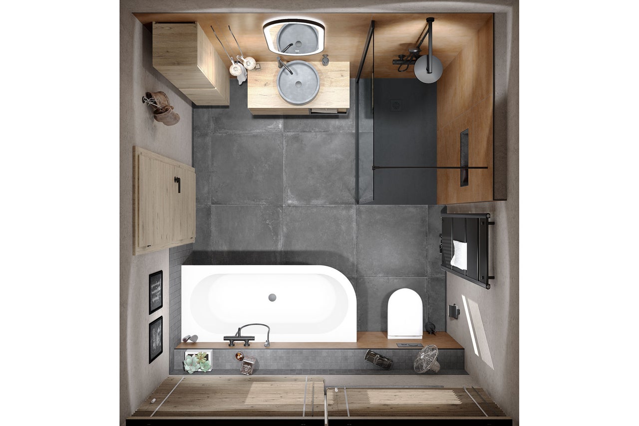 Modernes Badezimmer aus der Vogelperspektive mit weißer Badewanne, begehbarer Dusche, Wand-WC und Holz-Waschtisch mit grauem Aufsatzbecken.