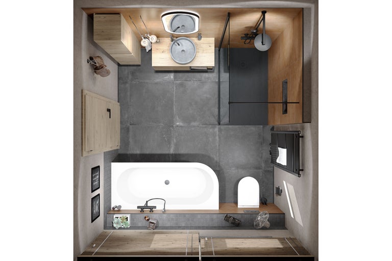 Modernes Badezimmer aus der Vogelperspektive mit weißer Badewanne, begehbarer Dusche, Wand-WC und Holz-Waschtisch mit grauem Aufsatzbecken.