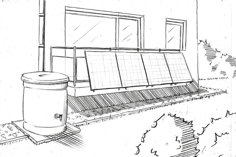 Skizze einer Regenwassernutzungsanlage mit Regenwassertank und Hauswand