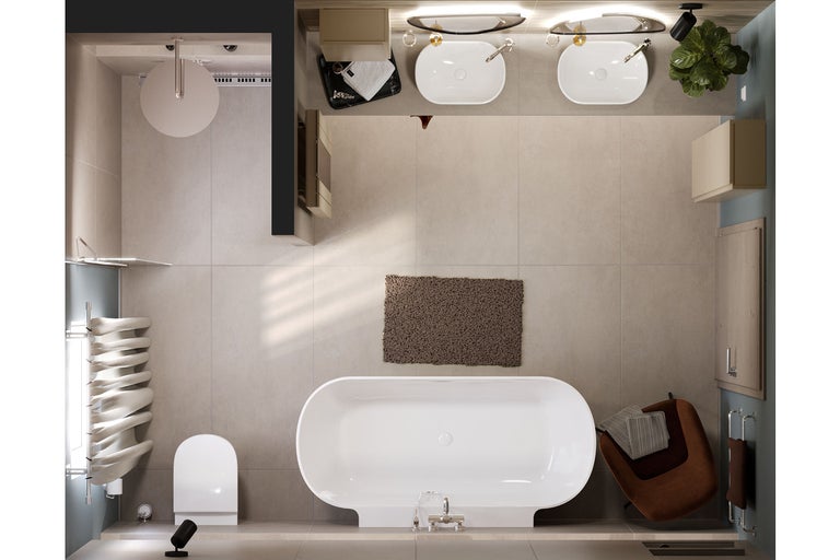 Übersicht eines hellen Badezimmers mit Badewanne, Waschbecken und Dusche