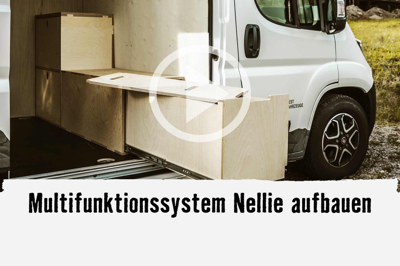 
			Multifunktionssystem Nellie im Ausbauwagen mit Schubladen und Stauraum
		