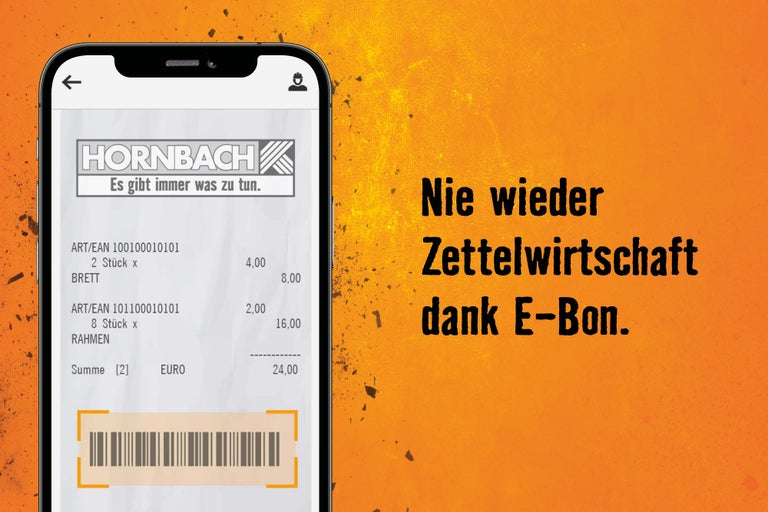 Smartphone mit Kassenzettel, daneben der Text „Nie wieder Zettelwirtschaft dank E-Bon.“