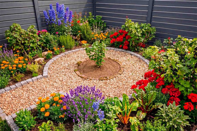 Organisierter Garten mit kreisförmigem Kiesweg, grauen Randsteinen und vielfältiger Bepflanzung vor einem dunkelgrauen Sichtschutzzaun.