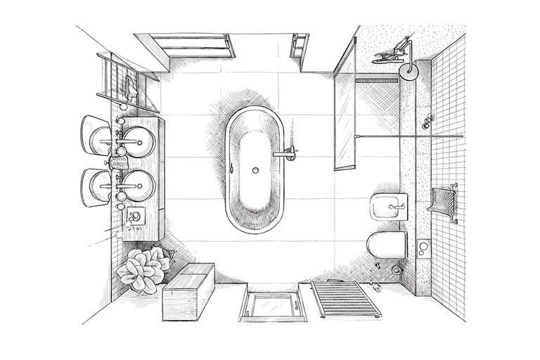 Draufsicht auf ein Badezimmer mit Badewanne, Waschbecken, Toilette und Dusche