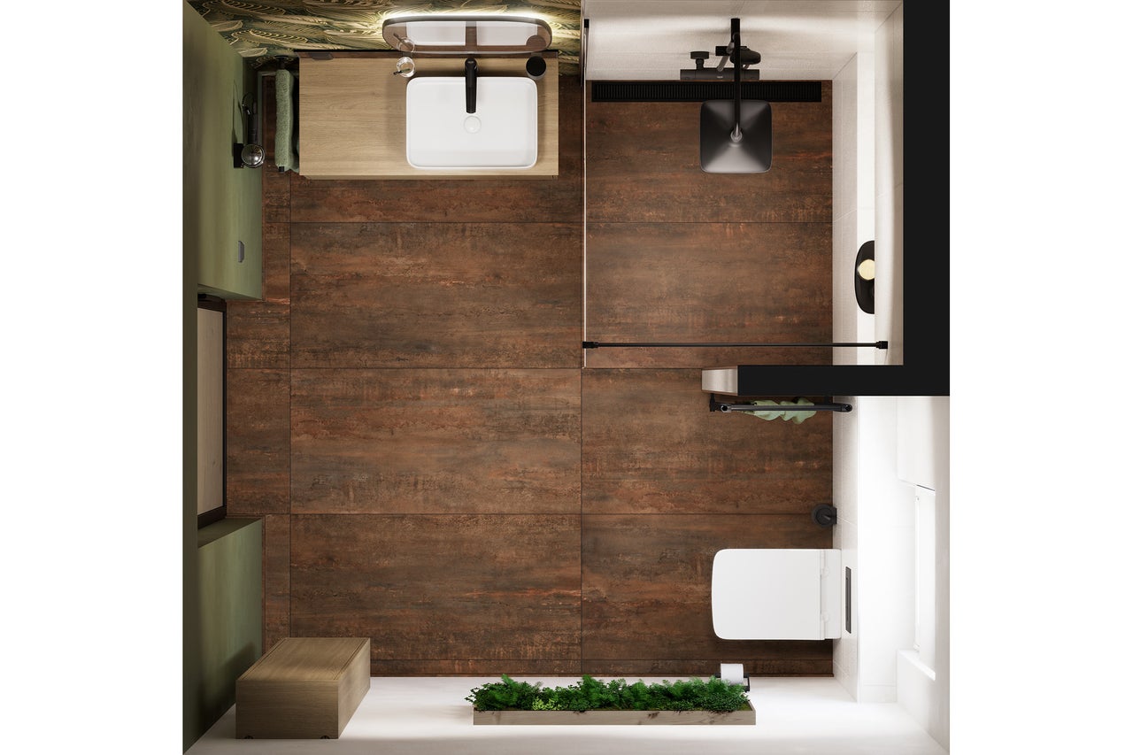 Draufsicht auf ein modernes Badezimmer mit Bodenfliesen in Rostoptik, einem Aufsatzwaschbecken auf Holzunterschrank, Dusche und WC.