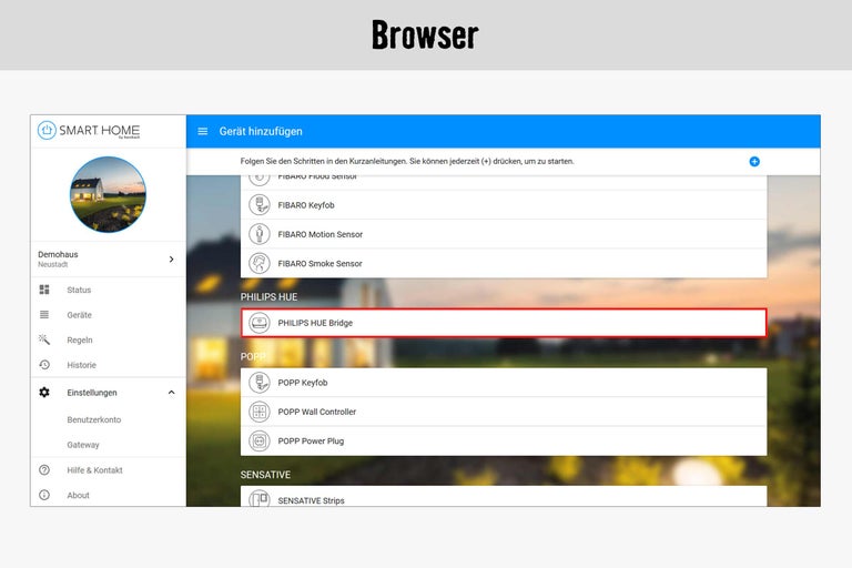 Smart Home Browseransicht mit Philips Hue Bridge