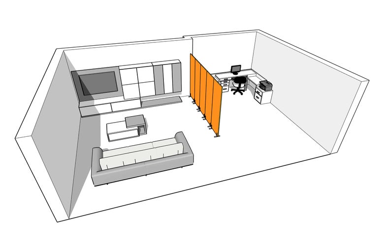 Illustration eines Wohnzimmers und eines Arbeitsbereichs, getrennt durch einen Raumteiler.