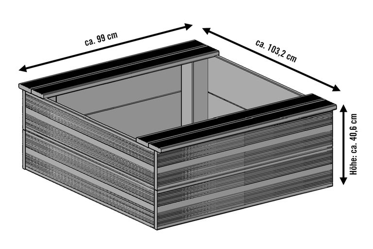 Abbildung eines Pflanzkastens mit den Maßen circa 99 Zentimeter Breite, circa 103,2 Zentimeter Länge und circa 40,6 Zentimeter Höhe.