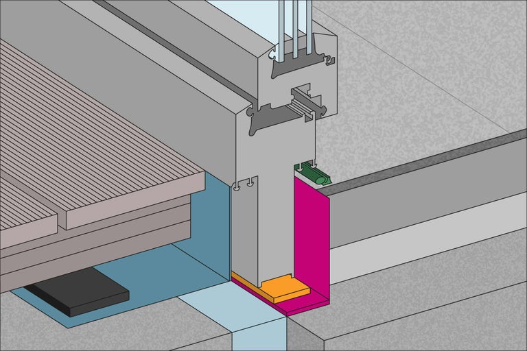 Detailansicht einer Terrassenkonstruktion mit Dielen, Unterkonstruktion und Abdichtung.