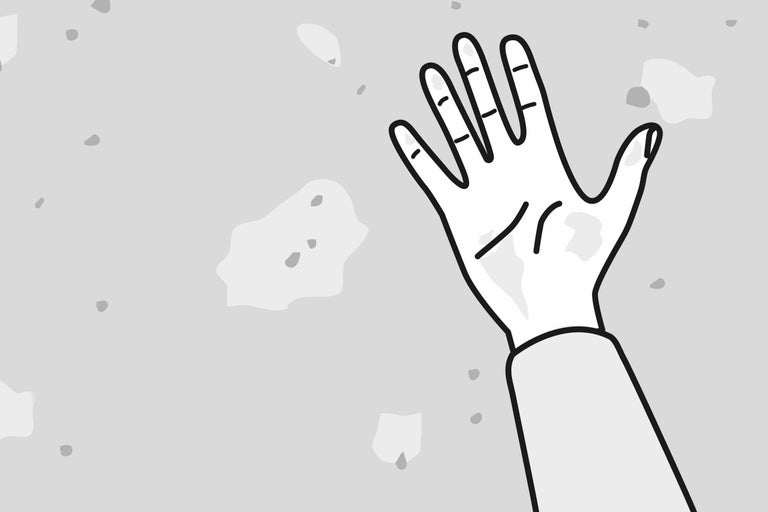 Illustration einer Hand vor einer Wand mit Beschädigungen