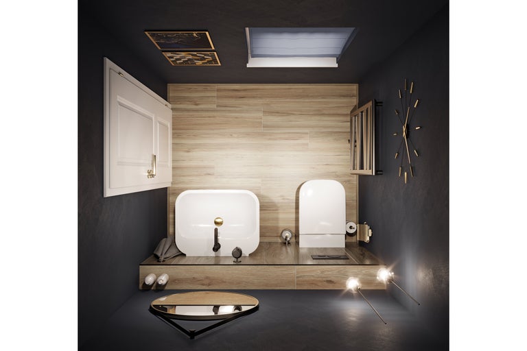 Modernes Badezimmer mit Toilette, Waschbecken, Wanduhr und Holzverkleidung.