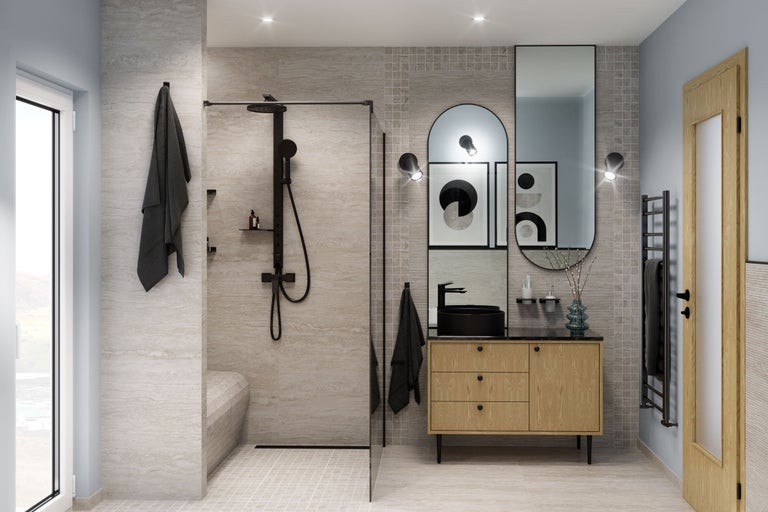 Helles Badezimmer mit Dusche, Waschtisch und Spiegel