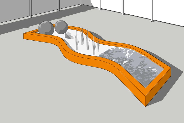 Beetumrandung mit Dekorationselementen wie Zierkies, Steinen und Pflanzen