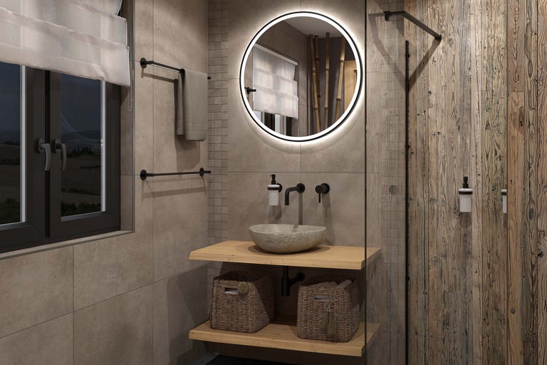 Modernes Badezimmer mit Waschtisch, Spiegel mit Beleuchtung, Handtuchhalter und Holzelementen.