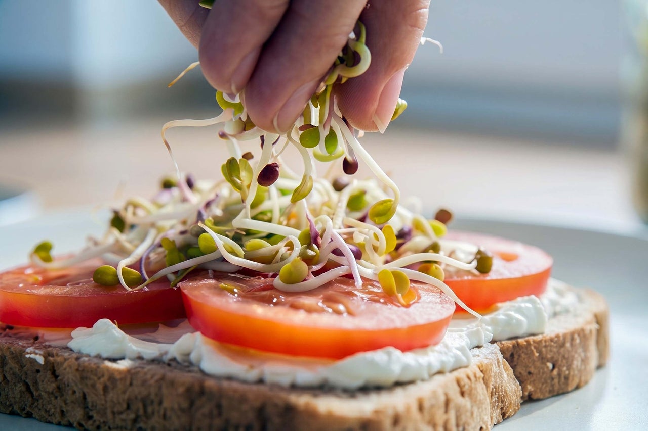Eine Hand streut frische Sprossen über Tomatenscheiben auf einem Brot mit Frischkäse.