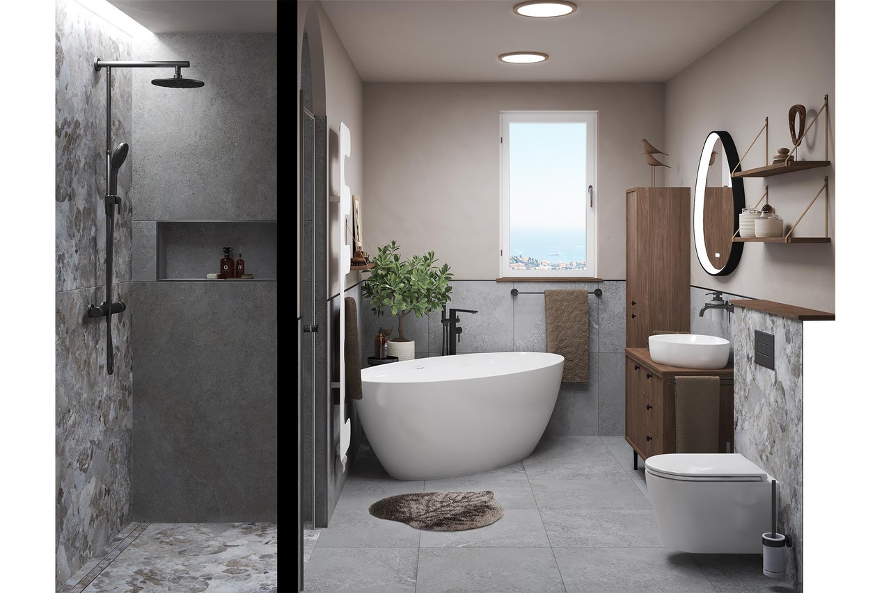 Modernes Badezimmer mit begehbarer Dusche, freistehender Wanne, Holz-Waschtisch, Aufsatzbecken, beleuchtetem Spiegel und grauen Steineffekt-Fliesen.