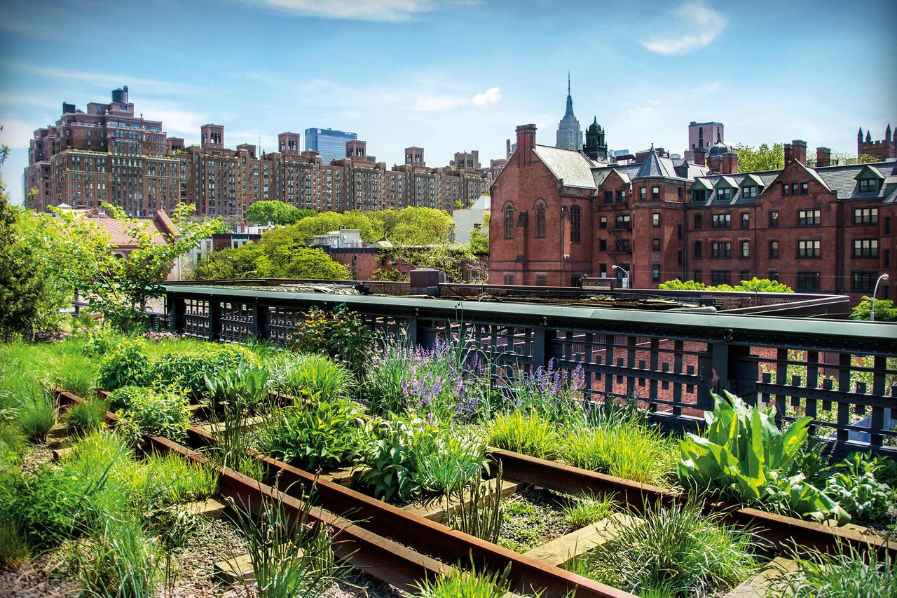 Landschaftsansicht mit städtischem Garten auf einer erhöhten Promenade mit Metallgeländer und historischen Backsteingebäuden im Hintergrund
