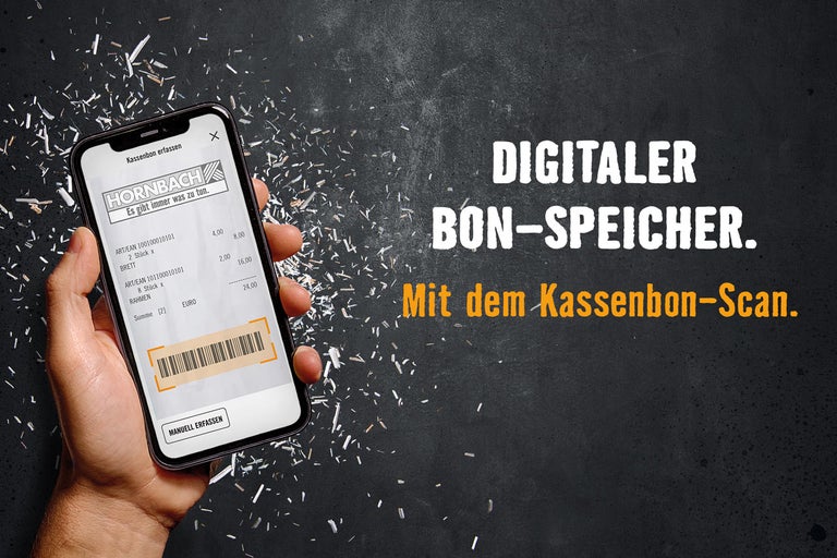 Smartphone mit Kassenzettel, daneben der Text „Digitaler Bon-Speicher. Mit dem Kassenbon-Scan.“