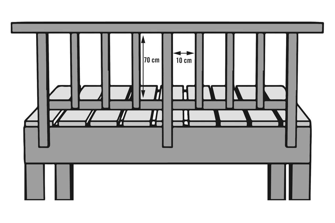Illustration eines Hochbeets mit den Maßangaben 70 Zentimeter Höhe und 10 Zentimeter Breite der Streben