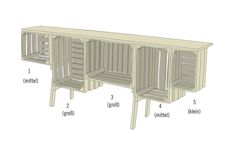 Illustration einer Gartenbank aus Holzkisten in verschiedenen Größen
