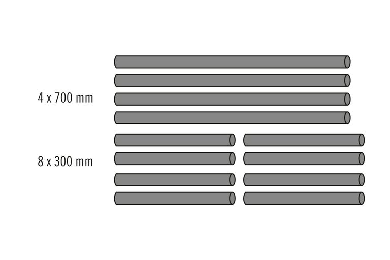 Illustration von vier Rohren mit einer Länge von 700 Millimetern und acht Rohren mit einer Länge von 300 Millimetern