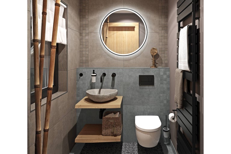 Modernes Badezimmer mit Waschtisch, Spiegel, Toilette und Handtuchwärmer