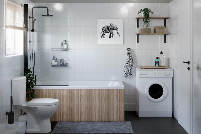 Modernes Badezimmer mit Dusche, Badewanne, Toilette und Waschmaschine